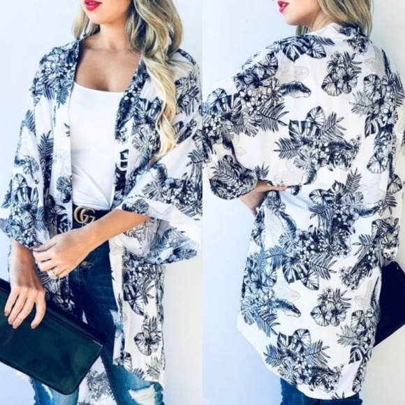 andthewhy Sweaters - Off White Black Floral Printed Kimono Cardigan